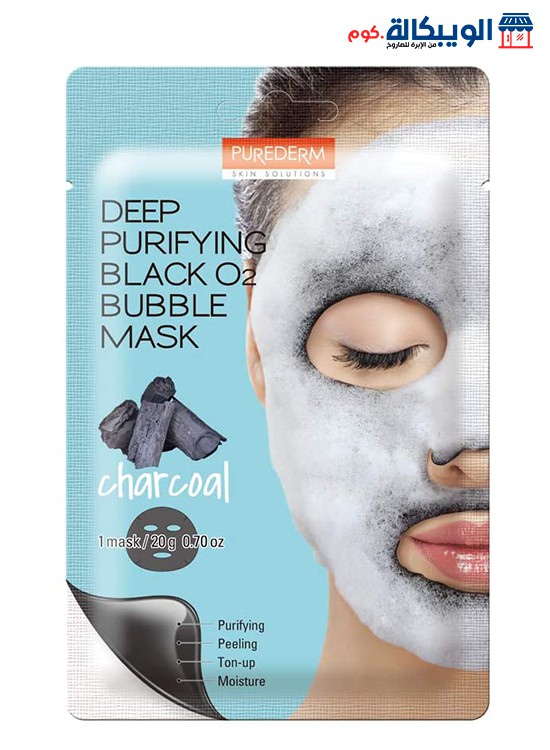 ماسك البابلز الكوري بالفحم - Purederm Deep Purifying Black O2 Bubble Sheet Mask Charcoal