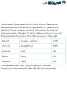 مكونات أقراص ماغنسيوم بلس كالسيوم وفيتامين ك2 وفيتامين د3 Tetesept Magnesium Calcium 500 Vitamin K2 + D3
