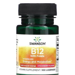 سوانسون فيتامين ب12 وحمض الفوليك بالفراولة 1000 ميكروجرام 100 قرص استحلاب Swanson Vitamin B12 with Folate Strawberry 1,000 mcg